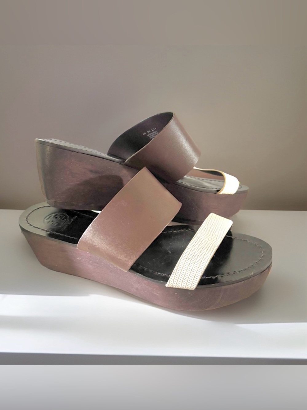 Tory Burch 60mm Wedge Slide in Black & Ivory Size 8M Platform Sandals